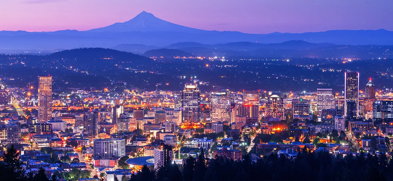 Panoramic view of Portland’s skyline at dusk
