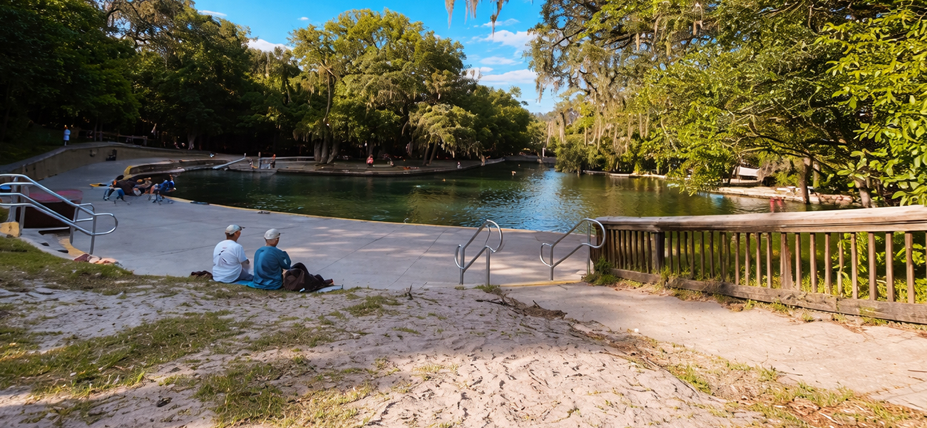 Two people sit on the shore of Wekiwa Springs State Parks.