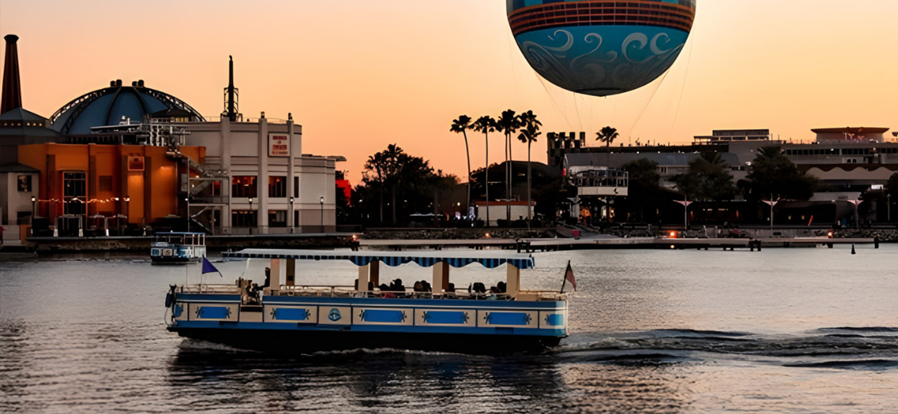 Boat and hot air balloon in Disney Springs.