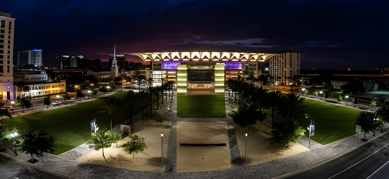 Dr. Phillips Center lit up at night 
