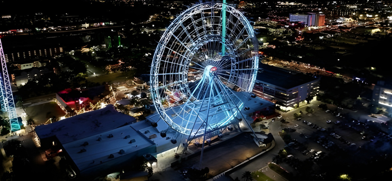 Lit-up Ferris wheel at ICON Park in Orlando, Florida