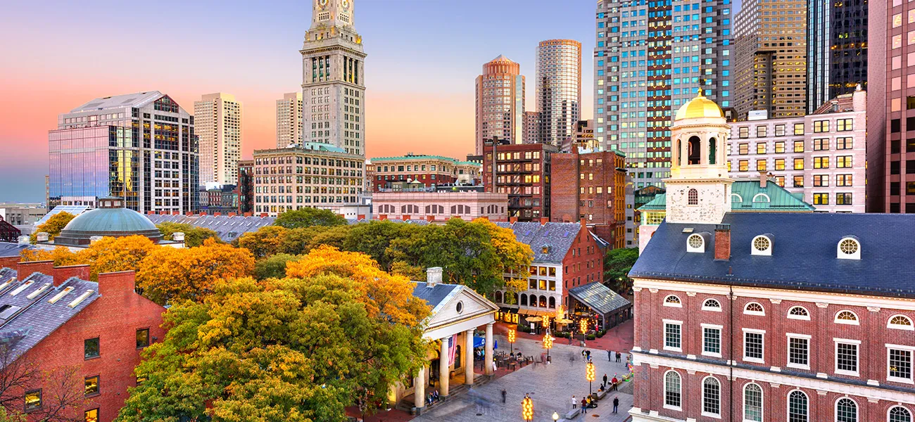 Boston skyline at sunset.