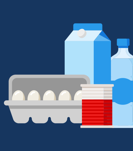 Egg carton, milk carton, canned food and water bottle graphic